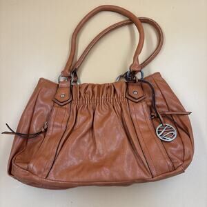 Style & Co Cognac Tan Leather Shoulder Bag | Ruched Front | Silver Hardware |